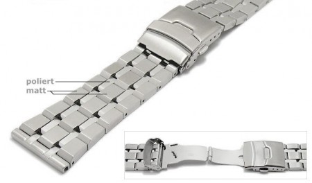 Watch strap 26mm stainless steel massiv partly polished with security clasp by ROWI
