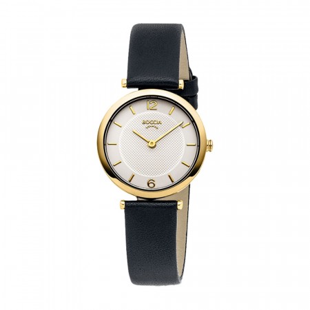 BOCCIA titanur, rund, hvit skive, sort rem, dbl.