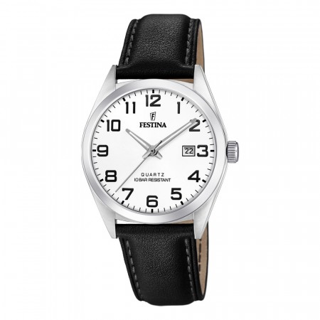 Festina stål 100m, rem, hvit skive,alle tall 
