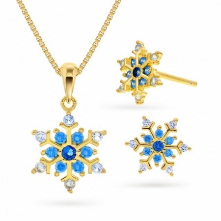 69560 - Sett i forgylt sølv, snøkrystall med blå cz.
