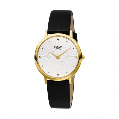 BOCCIA titanur, rund, hvit skive, sort rem, dbl.