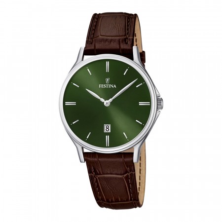 Festina 50m, dato, brun rem, grønn skive, index F16745-6