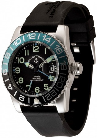 Zeno-Watch Basel Airplane diver 45 mm Automatic GMT Numbers (Dual Time), black/blue 6349GMT-12-a1-4