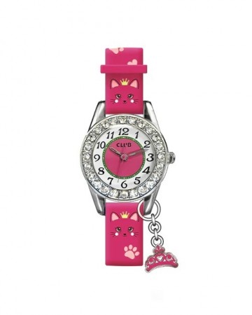 Club barneklokke Mørk rosa Katt med charms 28mm SH56557P-RA