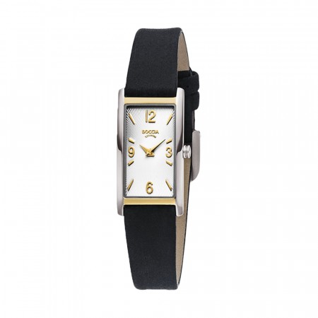 BOCCIA ur med rektangulær titankasse, sort rem og hvit tallskive.