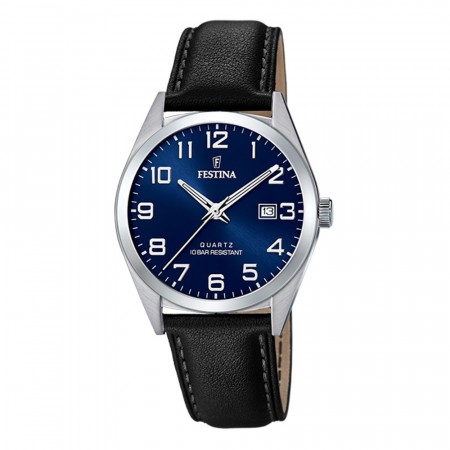 Festina stål 100m, rem, blå skive,alle tall 