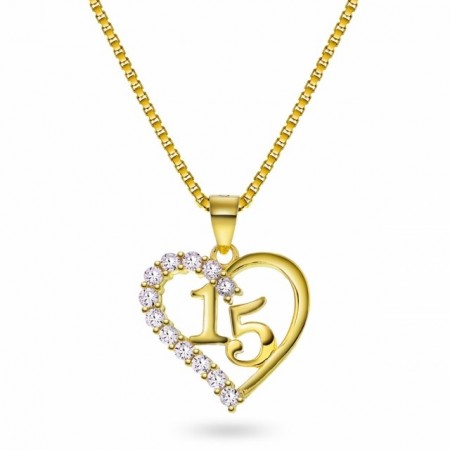 66030 - Forgylt sølvanheng hjerte med cz og tallet 15 - Perfekt til bursdag!
