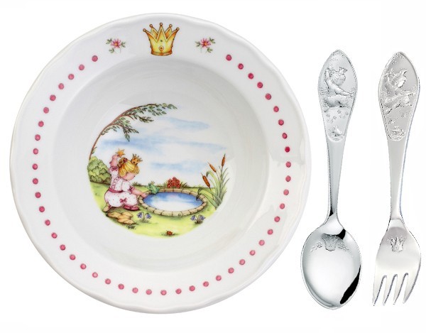Grøtskål med sølvskje og gaffel Prinsesse fra Eik